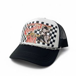 Black and White Cowgirl Graphic Trucker Hat w/ Removable Hat Chain